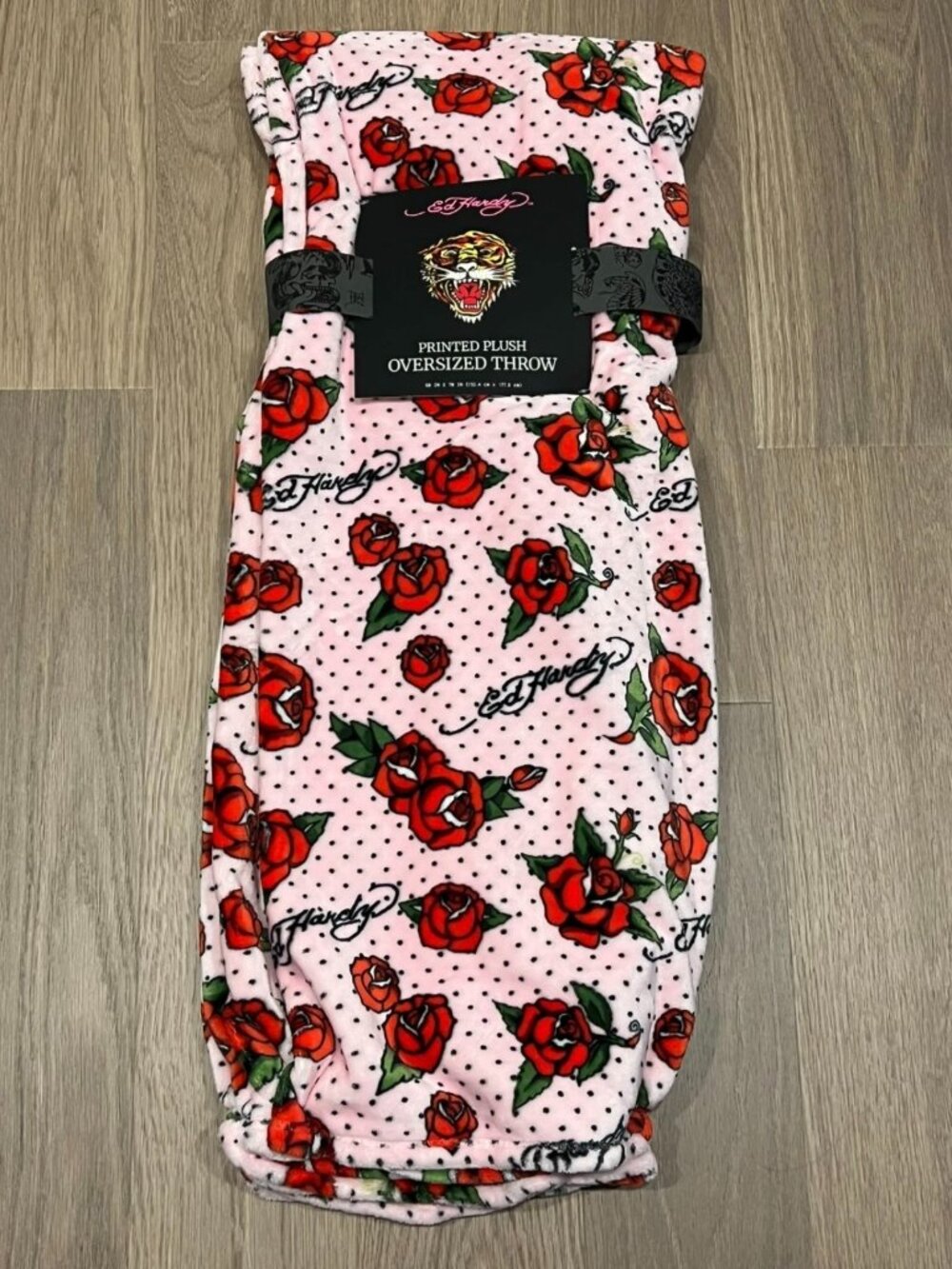 ED HARDY Pink Plush Oversized Throw Blanket 60x70 Roses Polka Dots Tattoo Y2K